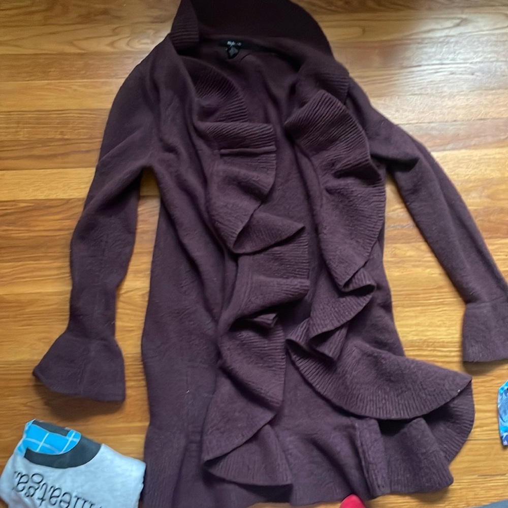 Classy , long grape colored sweater with feminine  touches